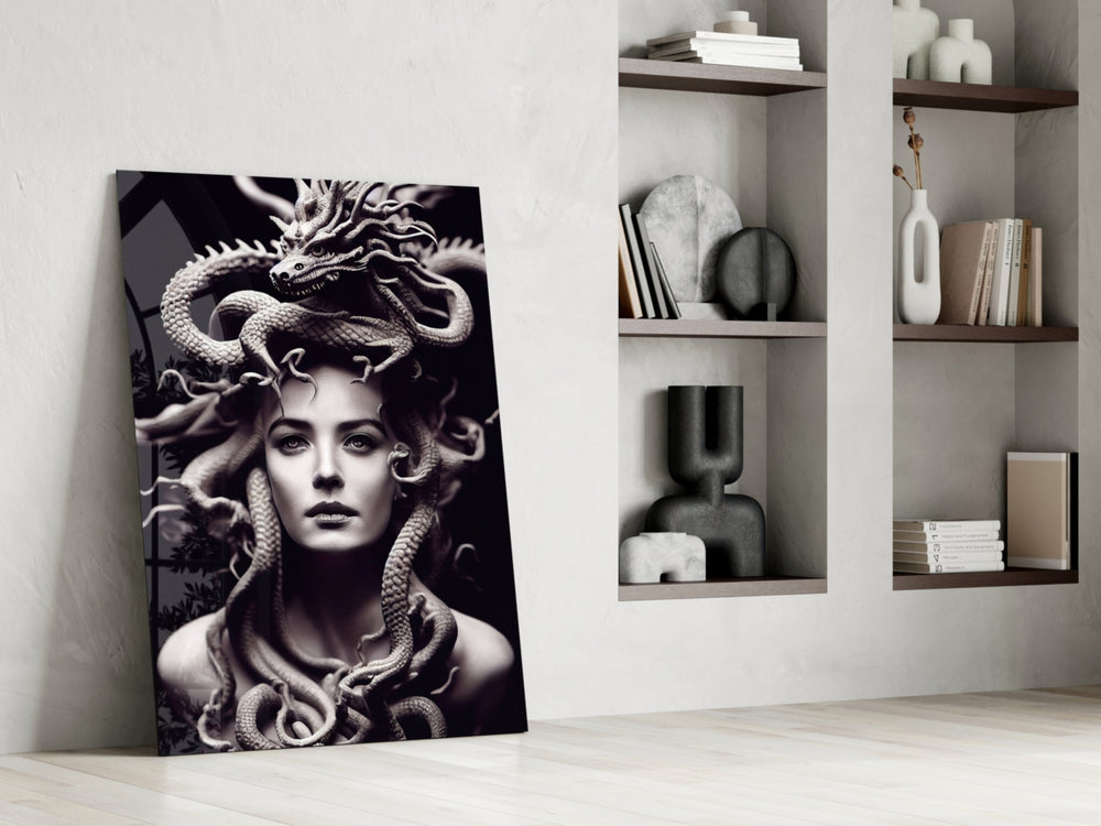Medusa glass print enhancing an office with cinematic mood