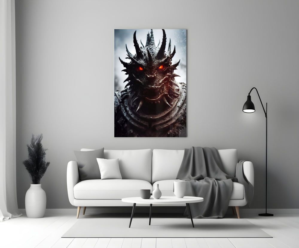 The Beast close-up showing horned dragon with crimson eyes and bone fangs