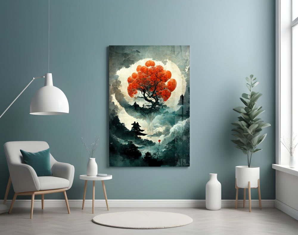 Tree of Life glass wall art styled above a console in a hallway