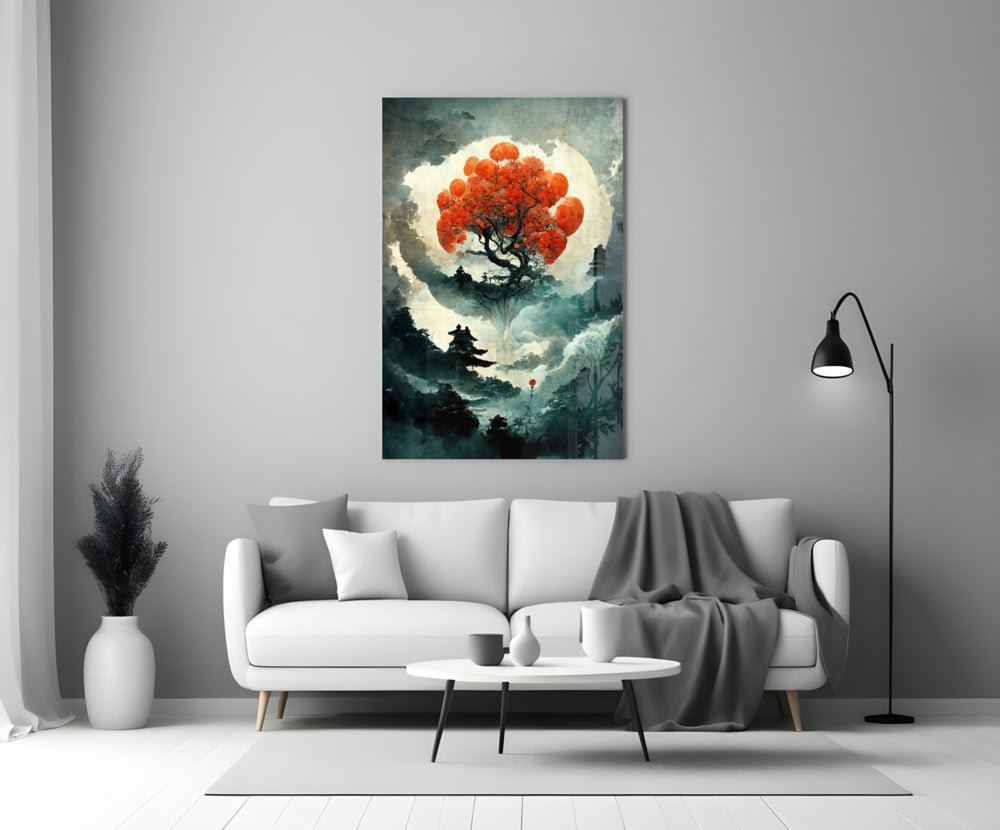 Tree of Life close-up showing crimson blossom tree silhouetted on full moon
