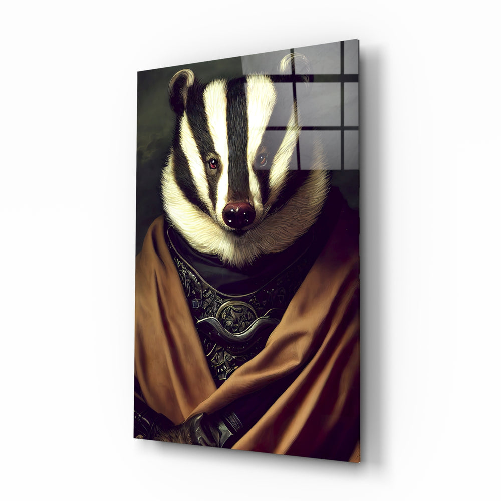 Raccoon glass wall art displayed above a walnut console in a hallway with brass sconces and a tan leather chair