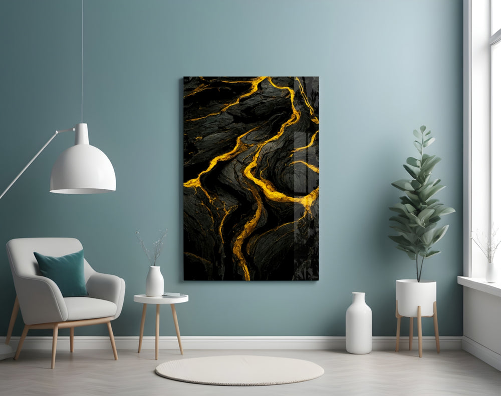 Slit glass wall art styled above a desk in an office