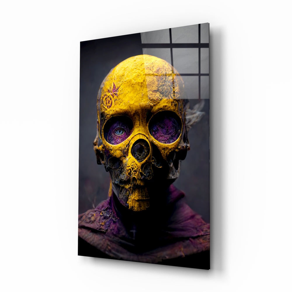 Skull glass wall art displayed above a black leather sectional in a moody man cave with brass sconces