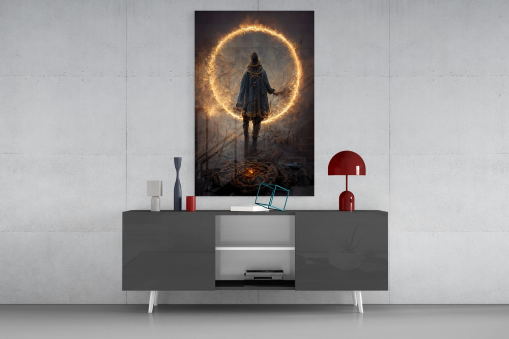 Circle panel catching window light to reveal its smoldering gravity