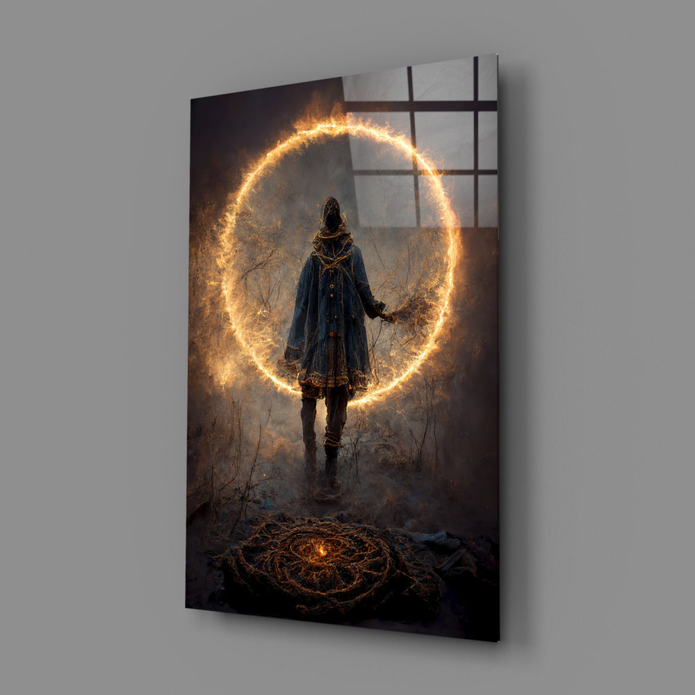 Dark-fantasy panel bringing smoldering gravity to a contemporary office