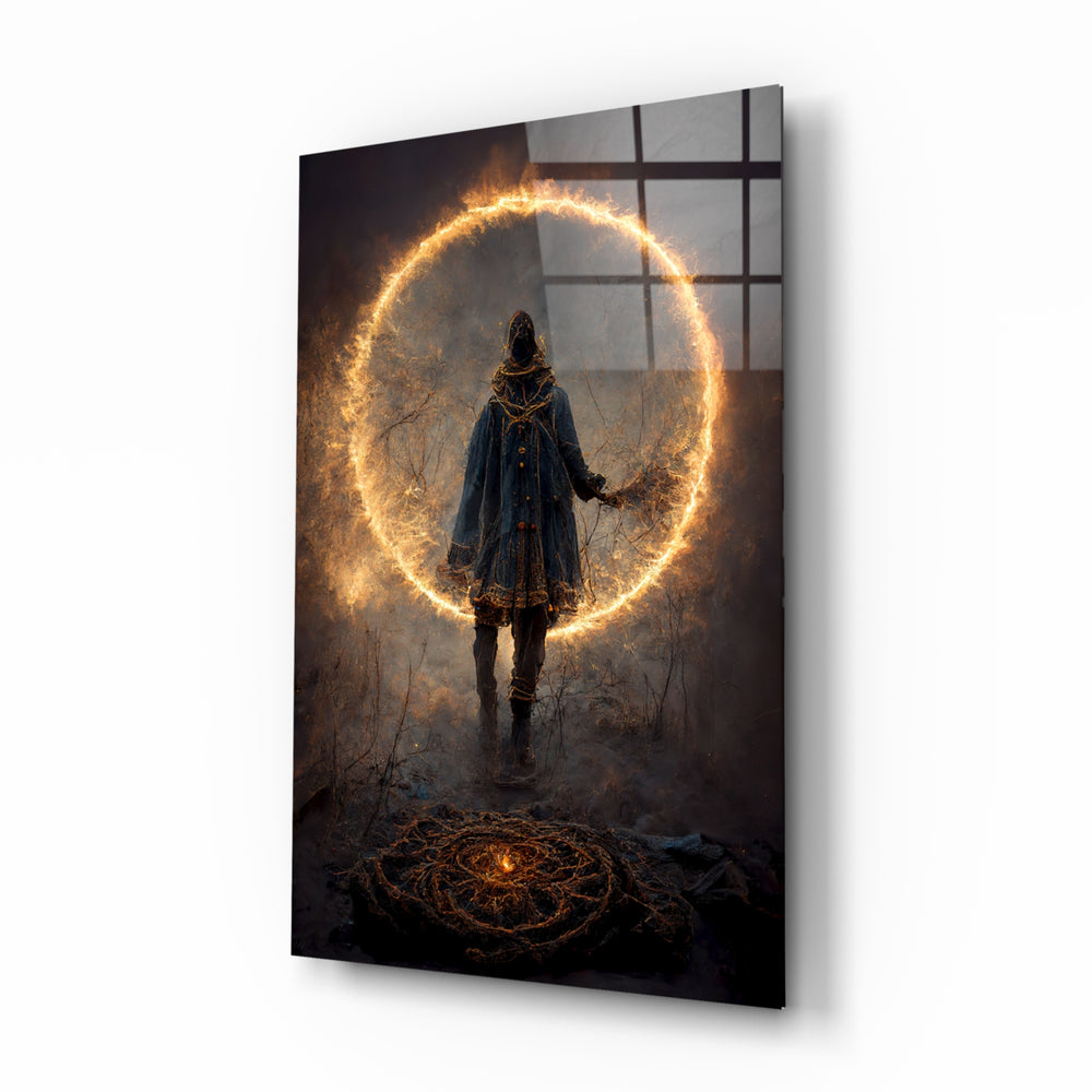 Circle glass wall art displayed above a black leather sectional in a moody man cave with brass sconces