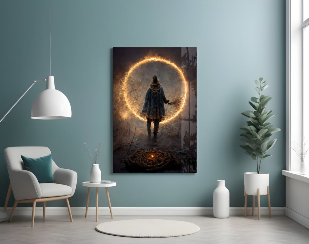 Circle glass wall art styled above a desk in a study
