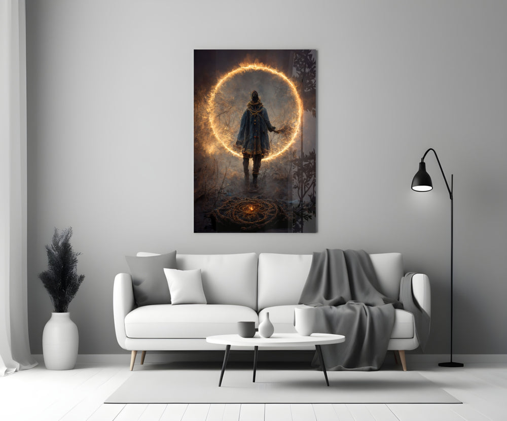 Circle close-up showing hooded figure inside burning ember ring
