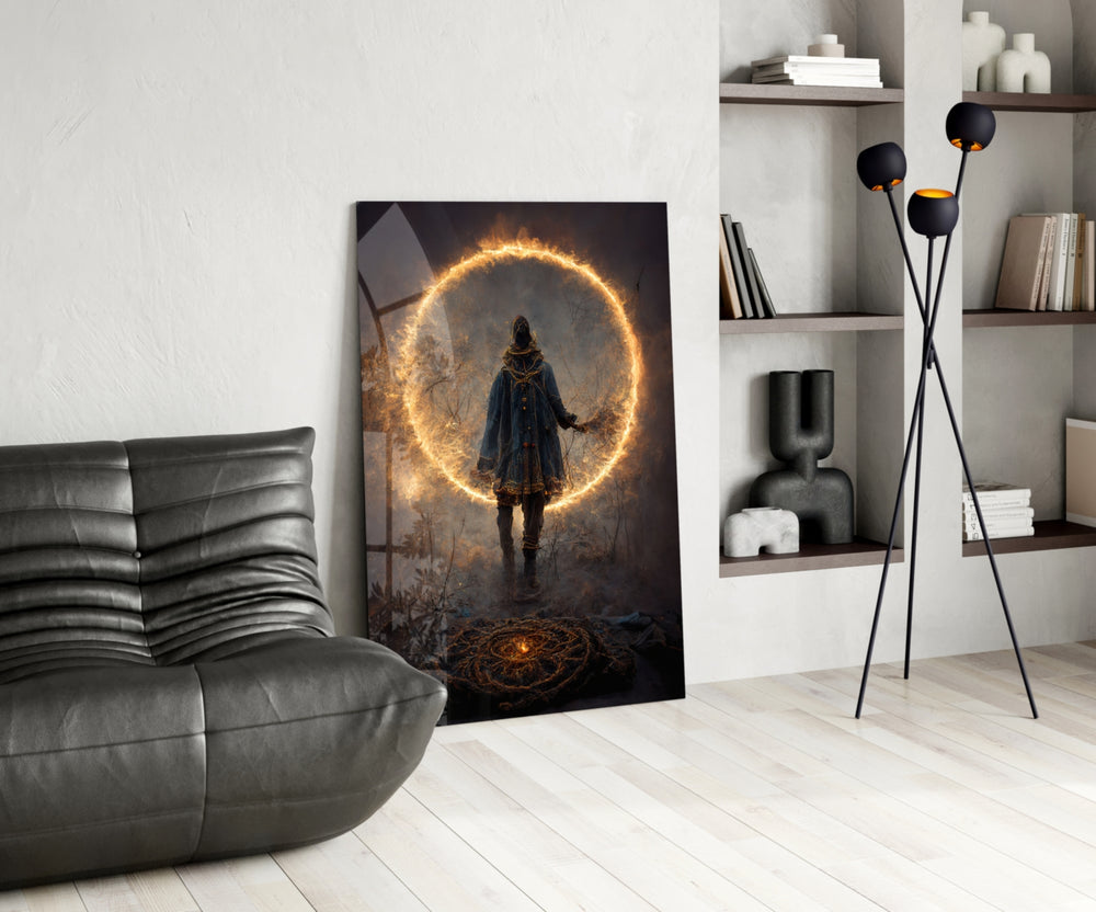 Circle panel adding editorial gravity to a hallway