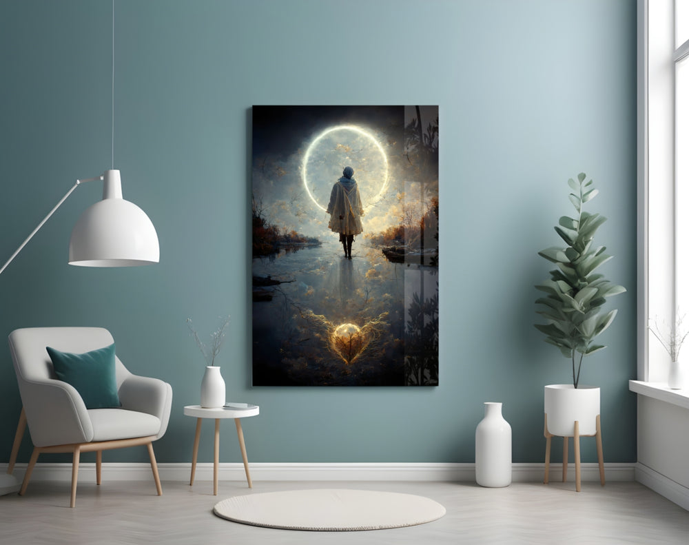 Tranquility glass wall art styled above a console in a hallway
