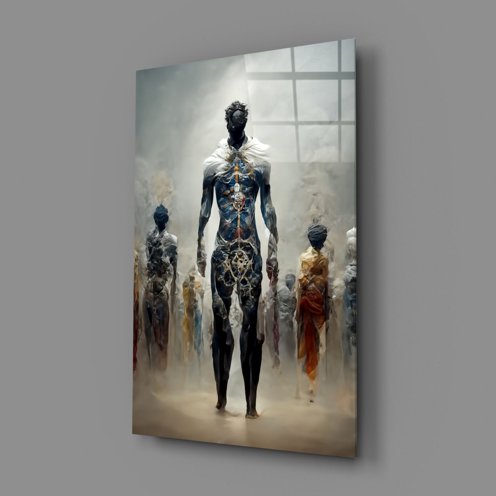 Surreal-figurative panel bringing dreamlike gravity to a contemporary living room