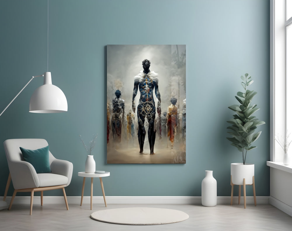 Fighters of the New Age glass wall art styled above a desk in an office