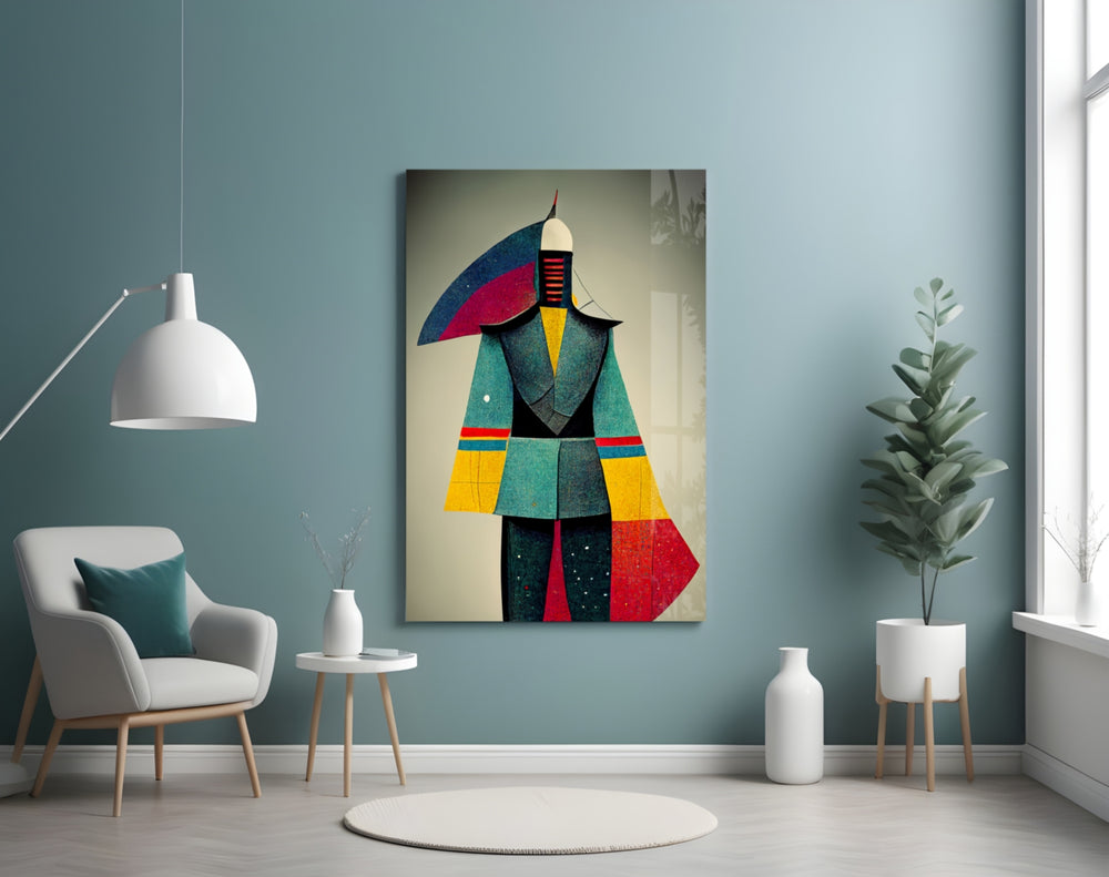 Colored Man glass wall art styled above a sideboard in a living room