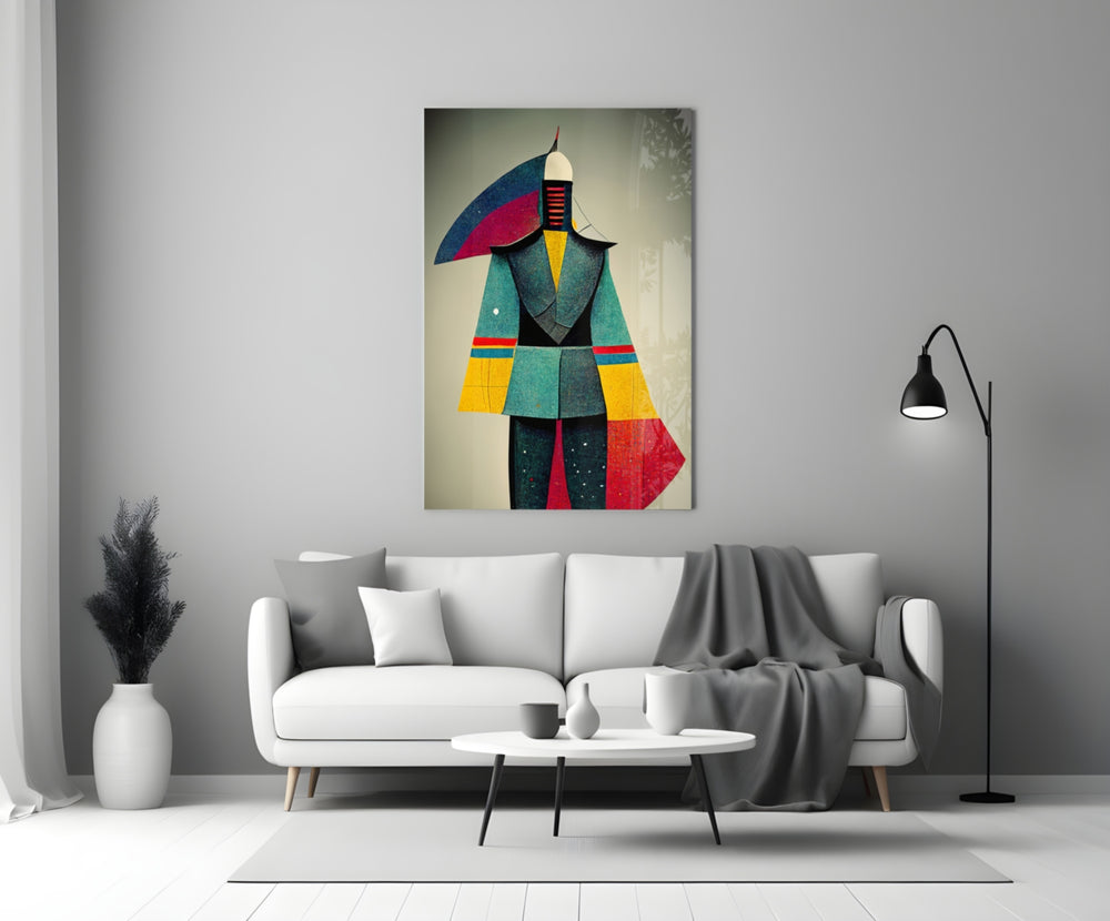 Colored Man close-up showing geometric mannequin in cyan robe with mustard panels