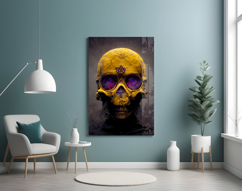 Skull glass wall art styled above a desk in an office