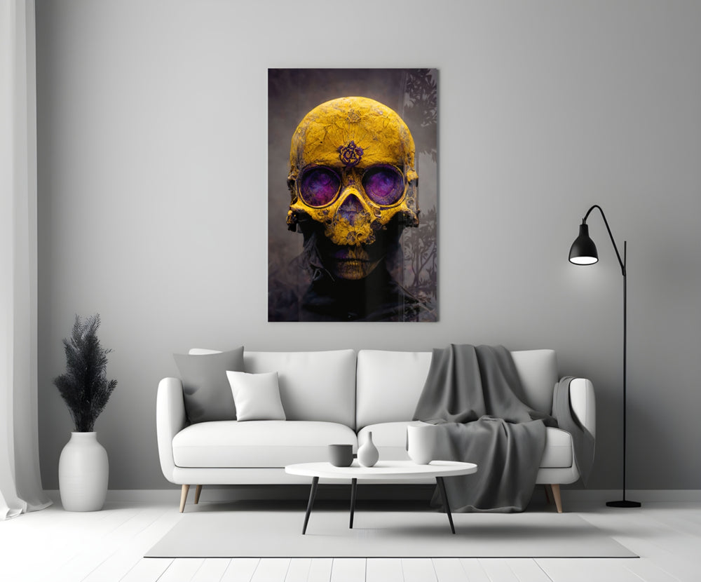 Skull close-up showing gold cranium with violet sockets and forehead sigil