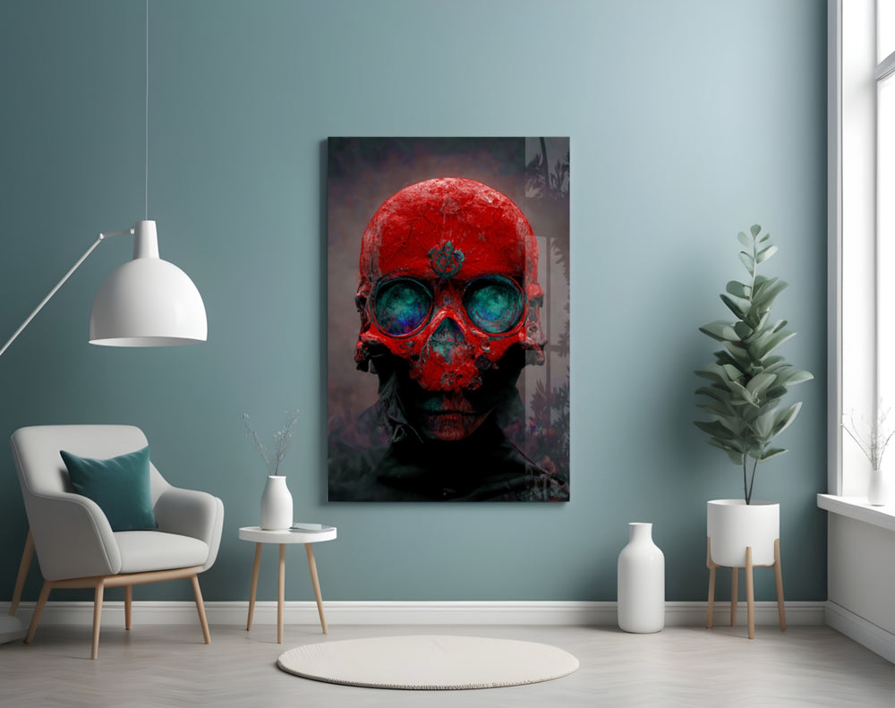 Skull glass wall art styled above a desk in an office