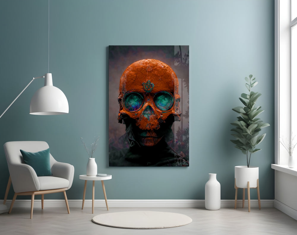 Skull glass wall art styled above a desk in an office
