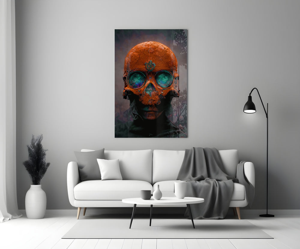 Skull close-up showing orange cranium with teal sockets and verdigris sigil