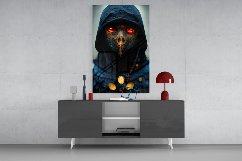 Fiery Eyes panel catching window light to reveal its haunted gravity