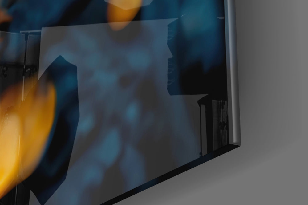 Fiery Eyes artwork anchoring a wall with bold dramatic palette