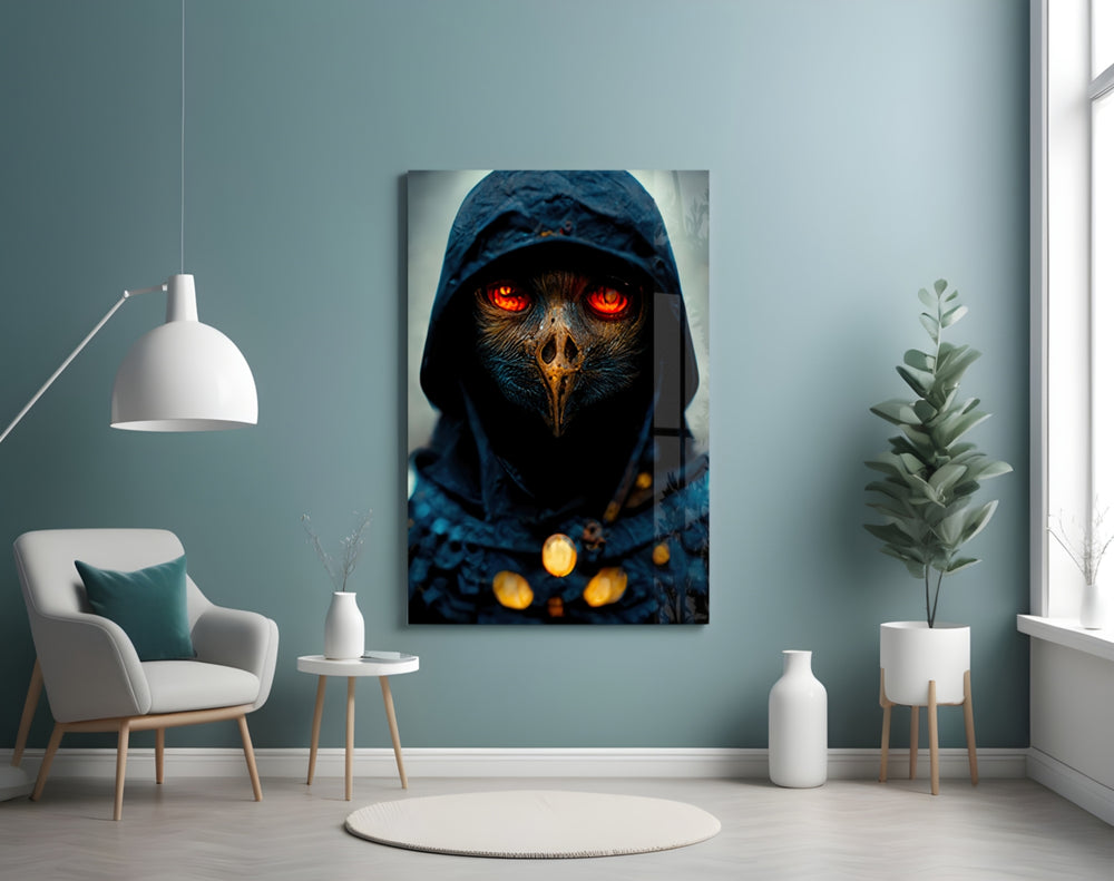 Fiery Eyes glass wall art styled above a desk in an office