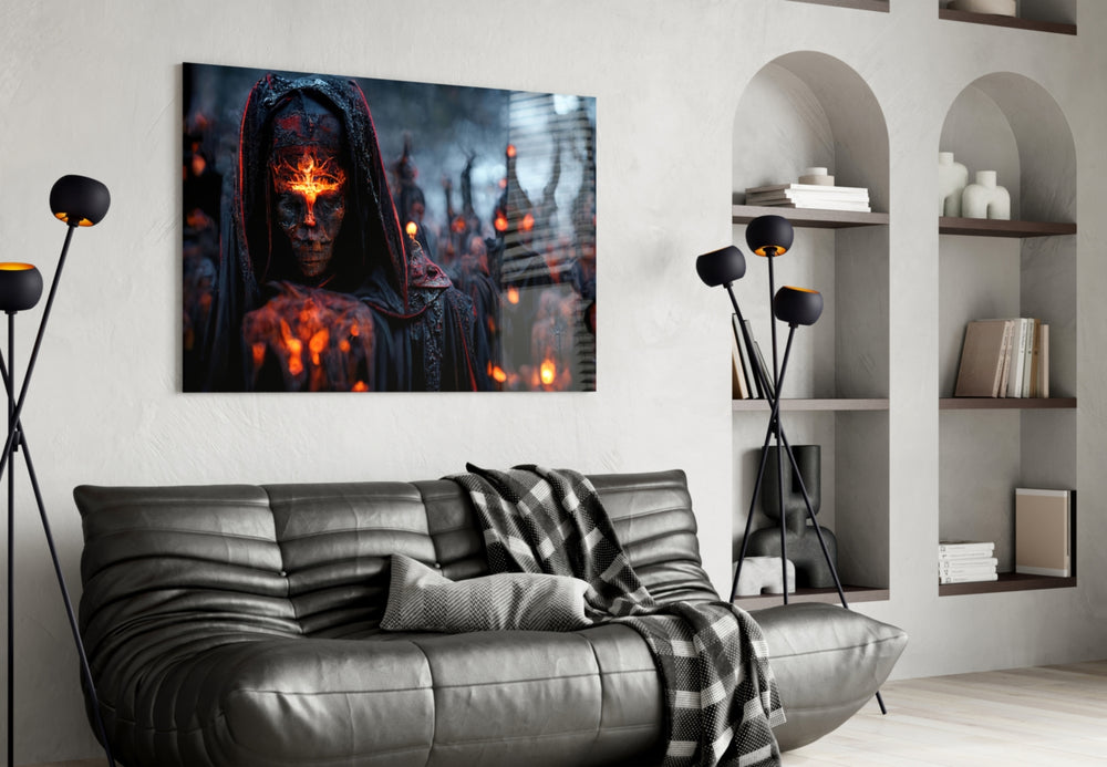 Fighters of the New Age glass wall art styled above a console in a hallway