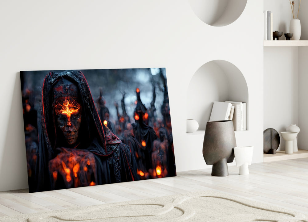Fighters of the New Age close-up showing fire-sigil herald amid hooded acolytes