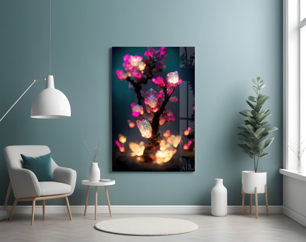 Fire Blooms glass wall art styled above a console in a kids room