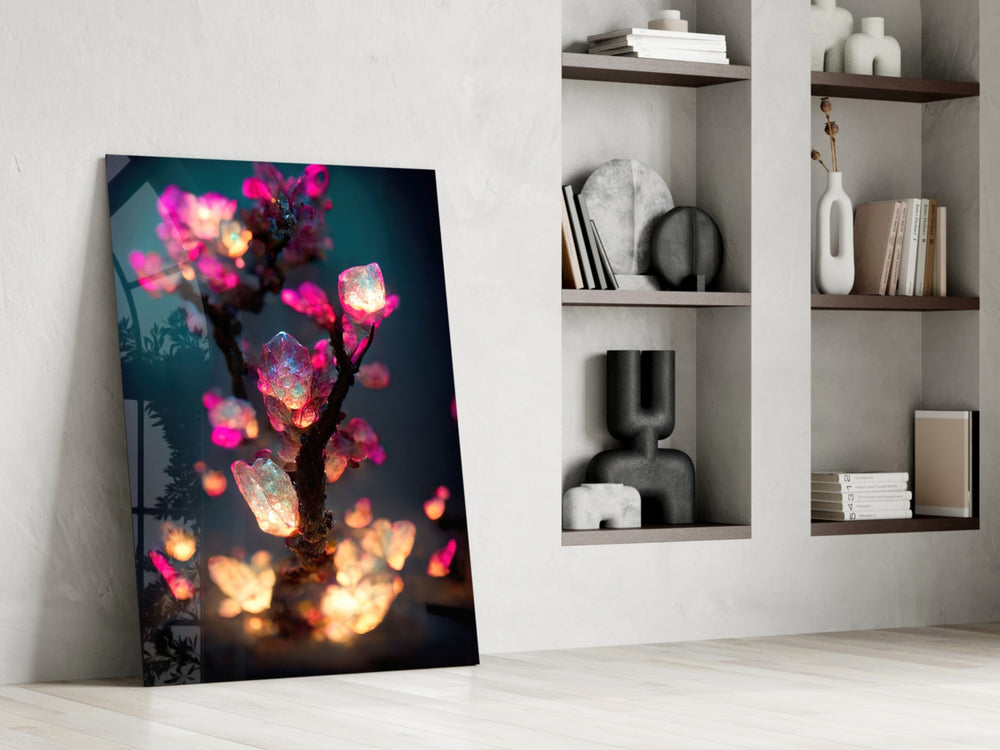 Fire Blooms glass print enhancing a bathroom with cinematic mood