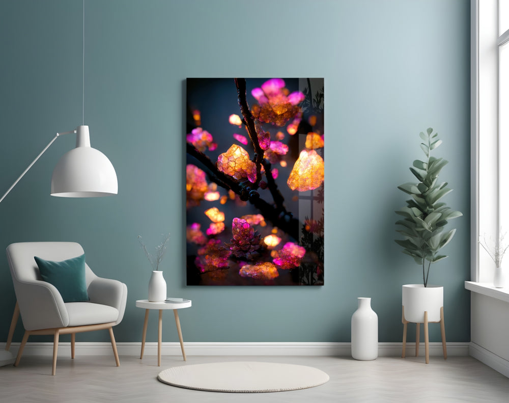 Fire Blooms glass wall art styled above a console in a kids room