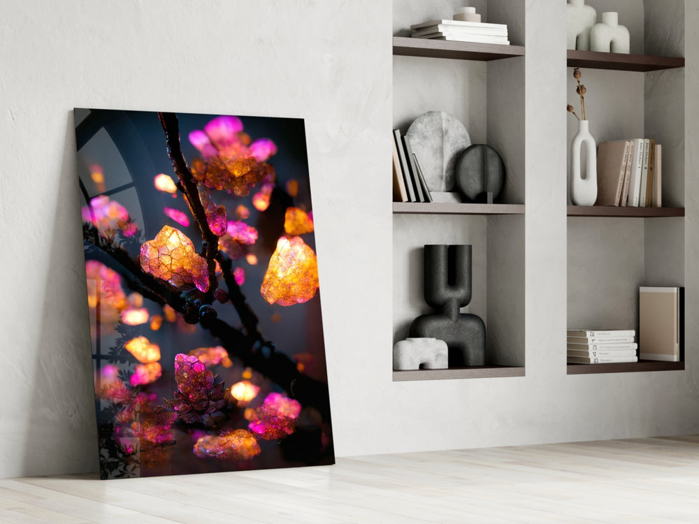 Fire Blooms glass print enhancing a bathroom with cinematic mood