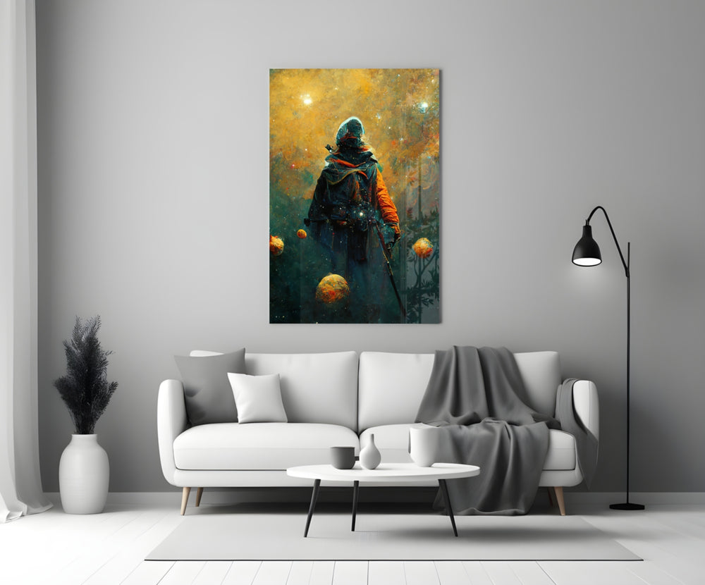 To the Freedom close-up showing cloaked pilgrim adrift among ochre planets
