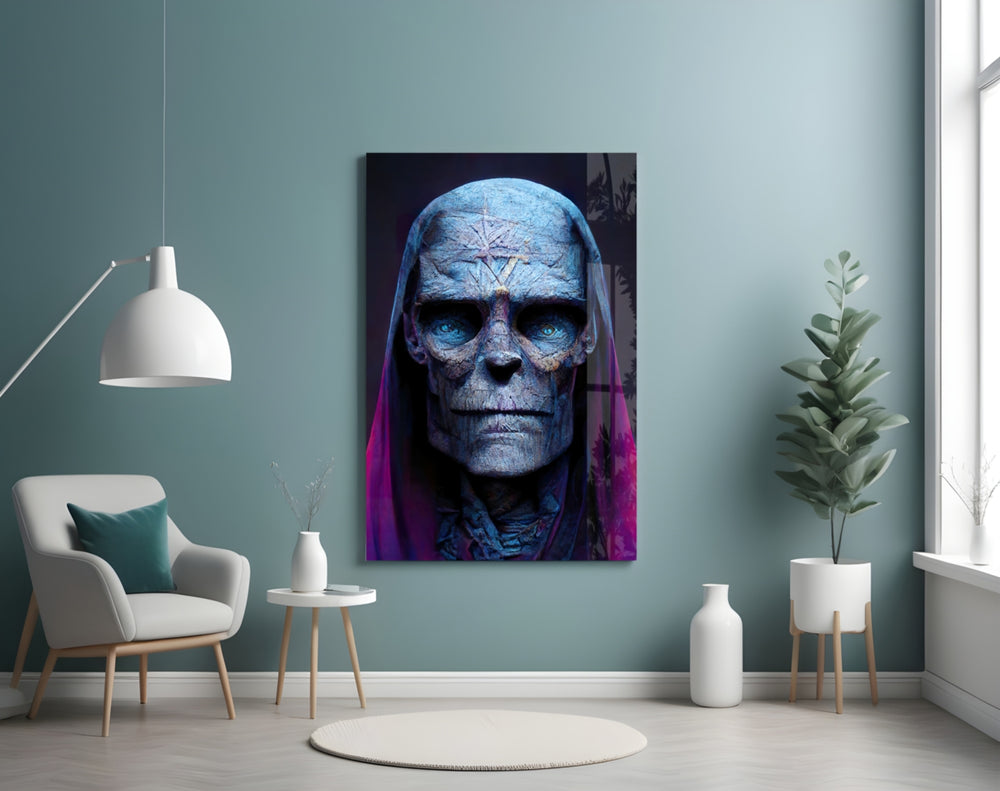 Shaman of the New World glass wall art styled above a desk in an office