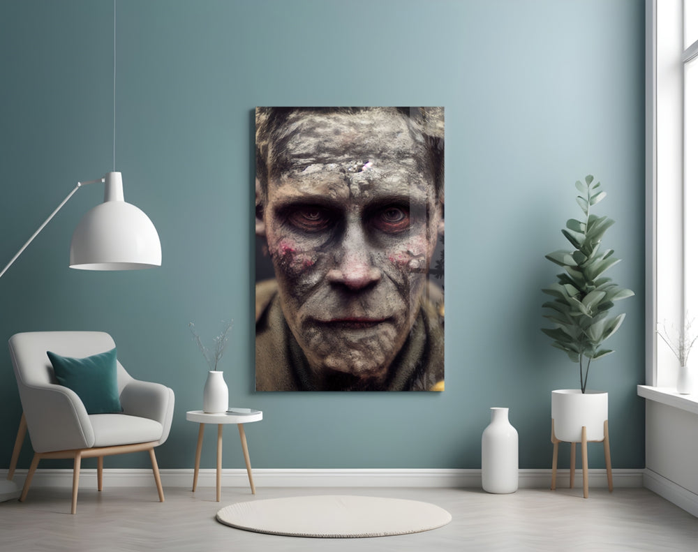 Decayed glass wall art styled above a desk in a study
