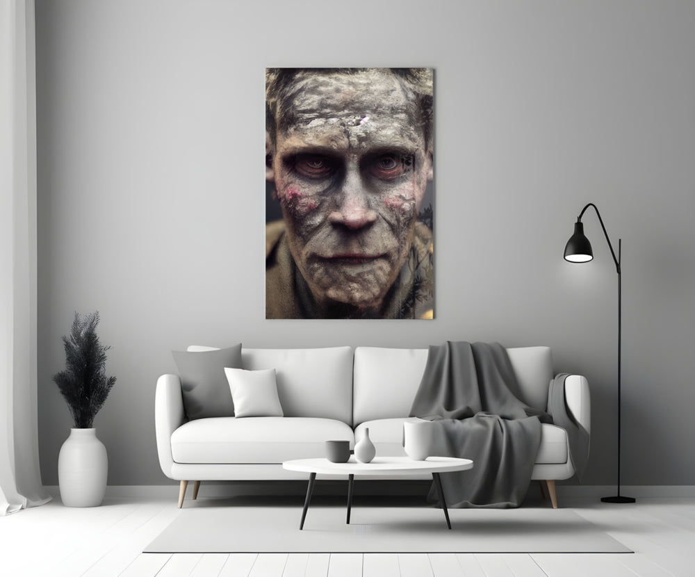 Decayed close-up showing battlefield revenant with ash-cracked skin