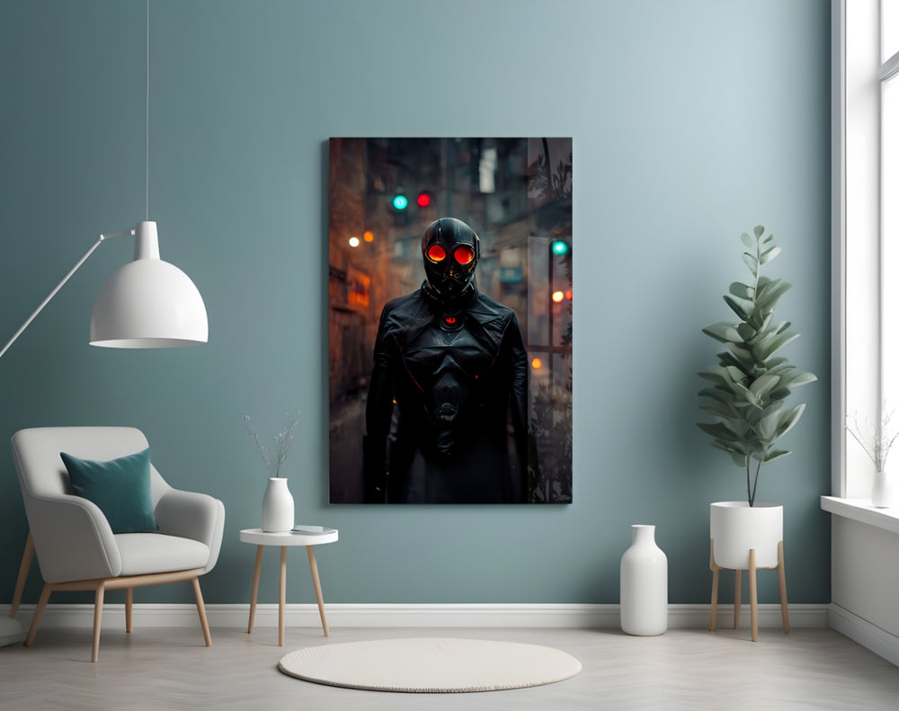 Black Rage glass wall art styled above a console in a teen lounge
