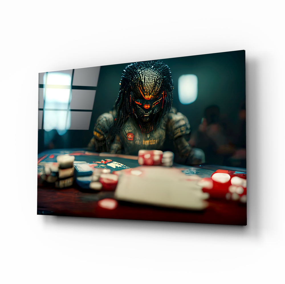 Gambler glass wall art displayed above a felt poker table in a moody man cave with brass sconces