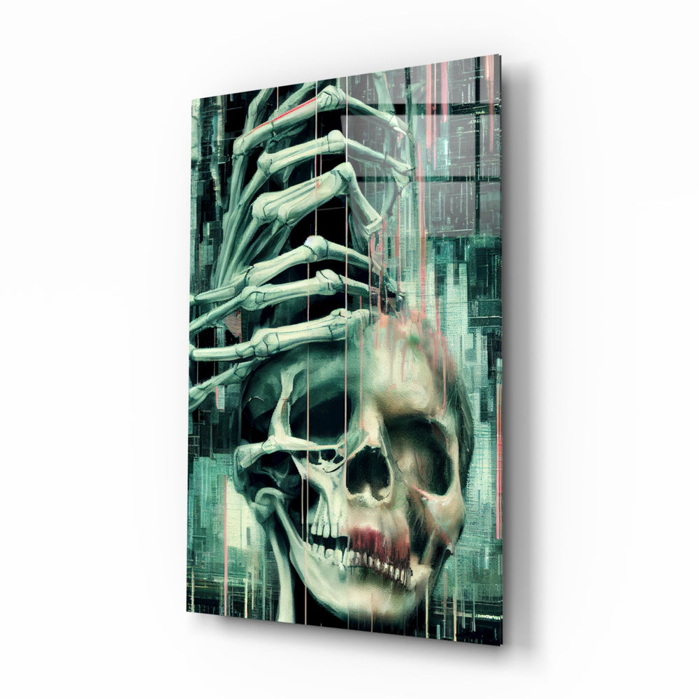 Fall of Skeletons glass wall art displayed above a black desk in a moody gaming room with teal LED strips