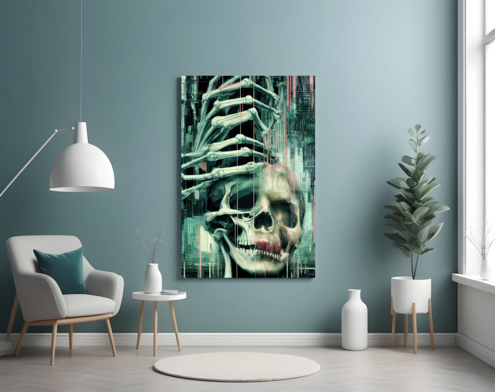 Fall of Skeletons glass wall art styled above a console in a teen lounge