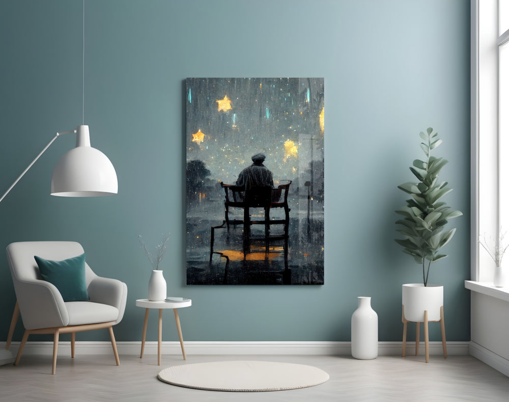 Star Rain glass wall art styled above a sideboard in a living room