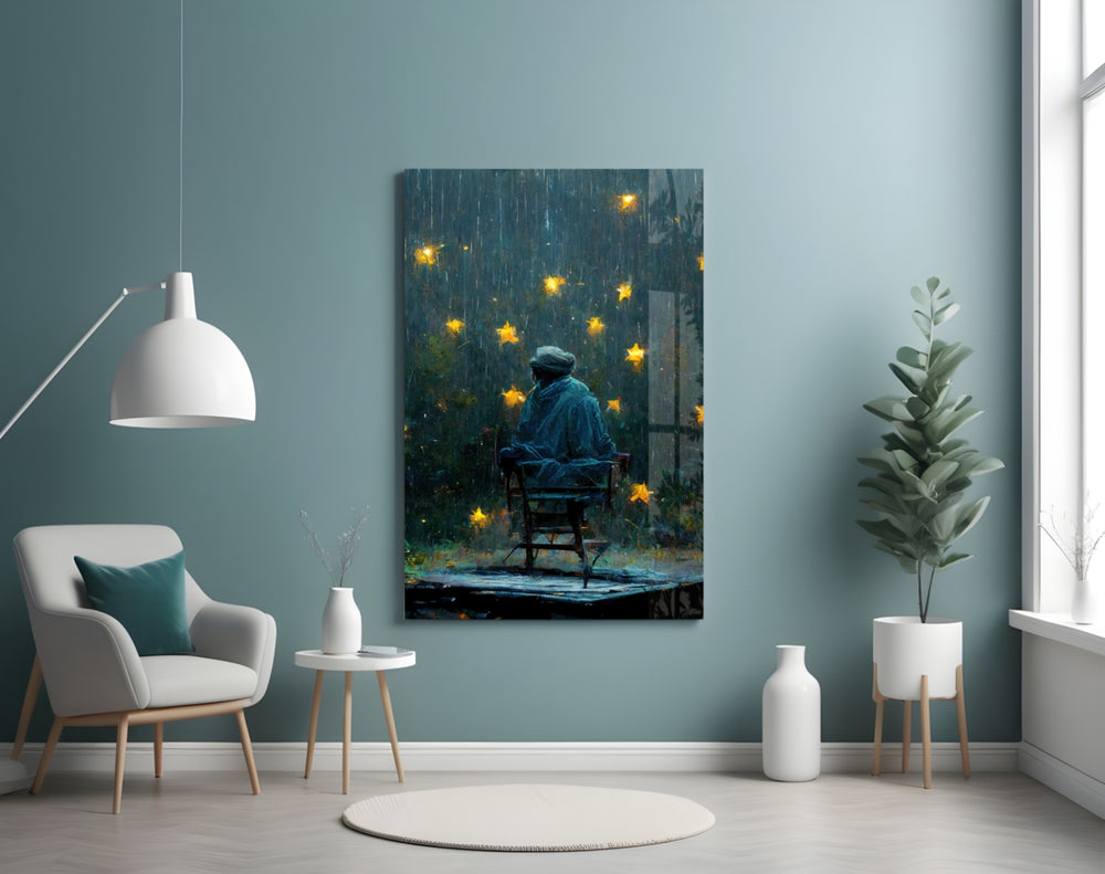 Star Rain glass wall art styled above a sideboard in a living room
