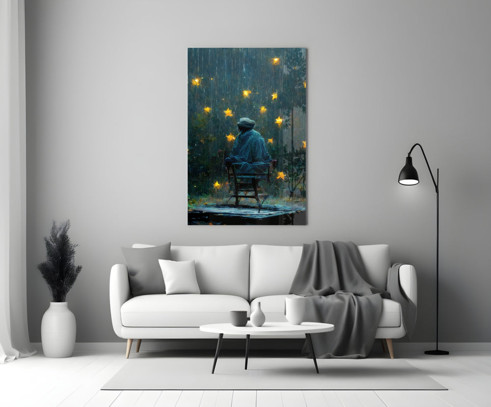 Star Rain close-up showing flat-capped man on worn chair beneath falling yellow stars