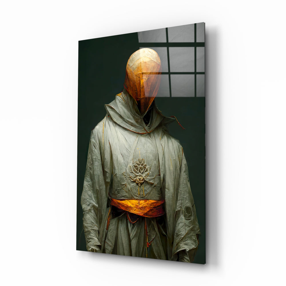 Headless Monk glass wall art displayed above a walnut console in a moody hallway with brass sconces