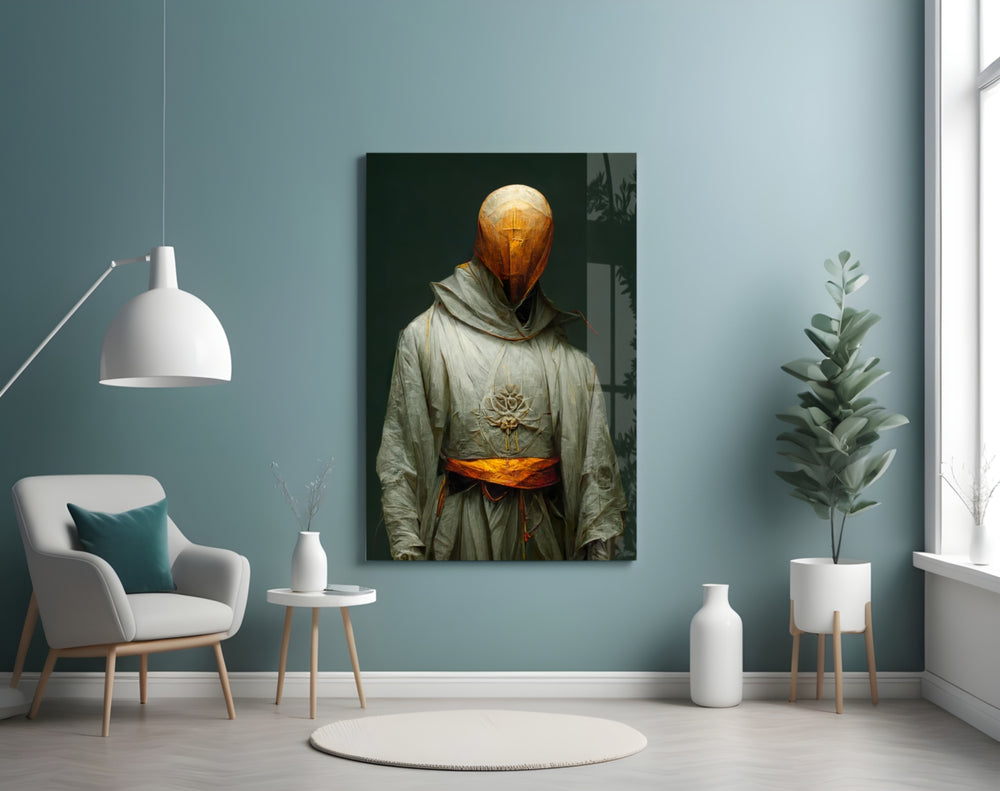 Headless Monk glass wall art styled above a sideboard in a living room