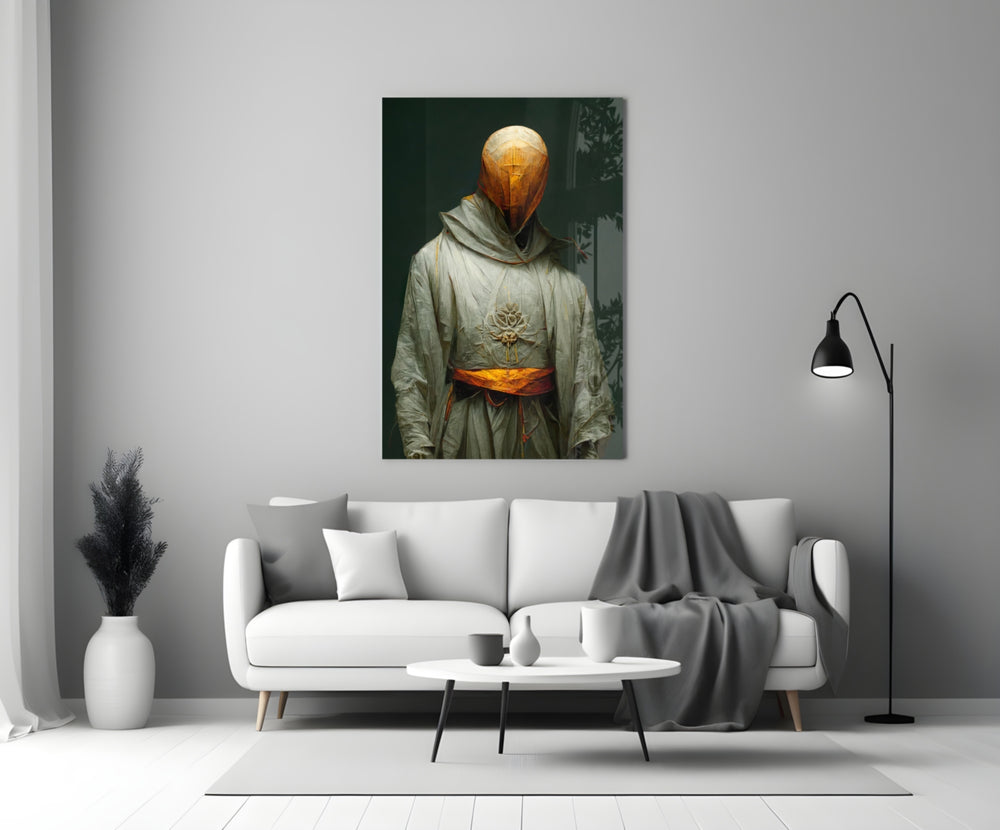 Headless Monk close-up showing smooth amber face above silver linen robe