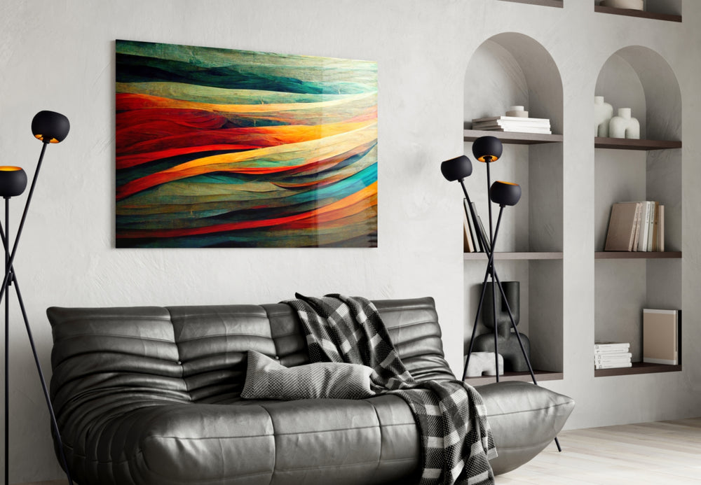 The Flow glass wall art styled above a sideboard in a hallway