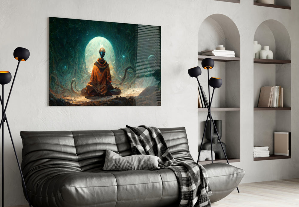 Meditation glass wall art styled above a console in a hallway