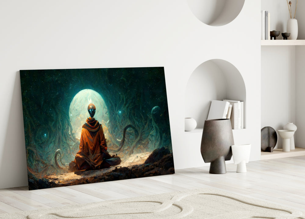 Meditation close-up showing robed alien meditating beneath pale moon-orb