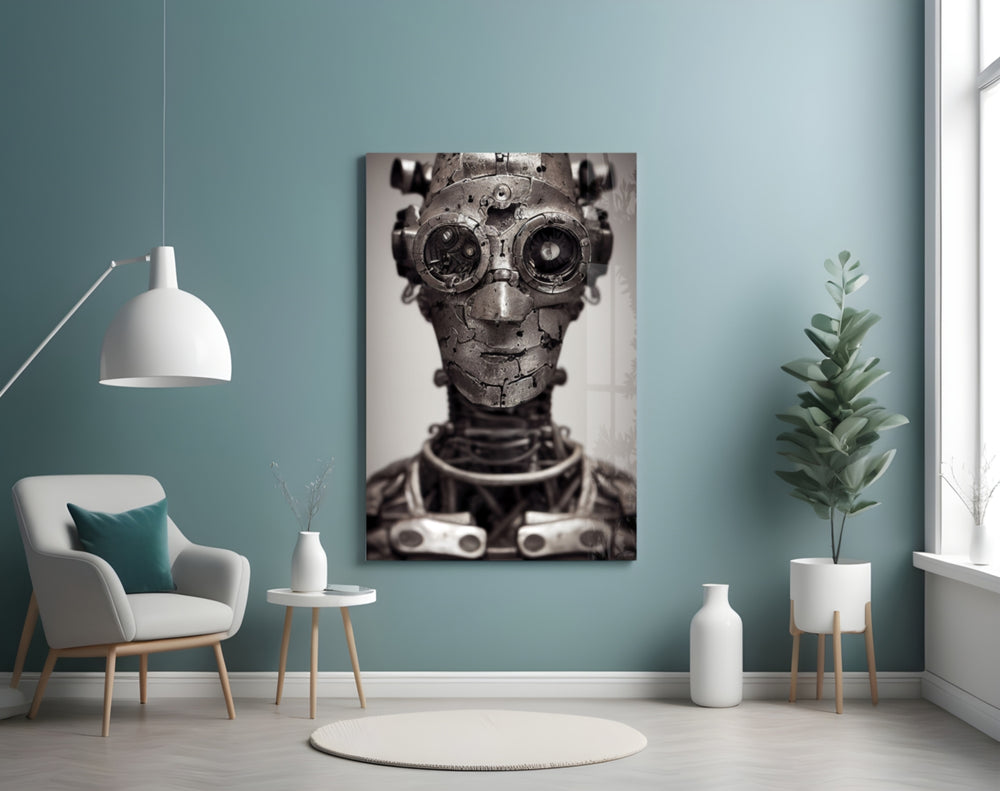 To be a Machine glass wall art styled above a desk in an office